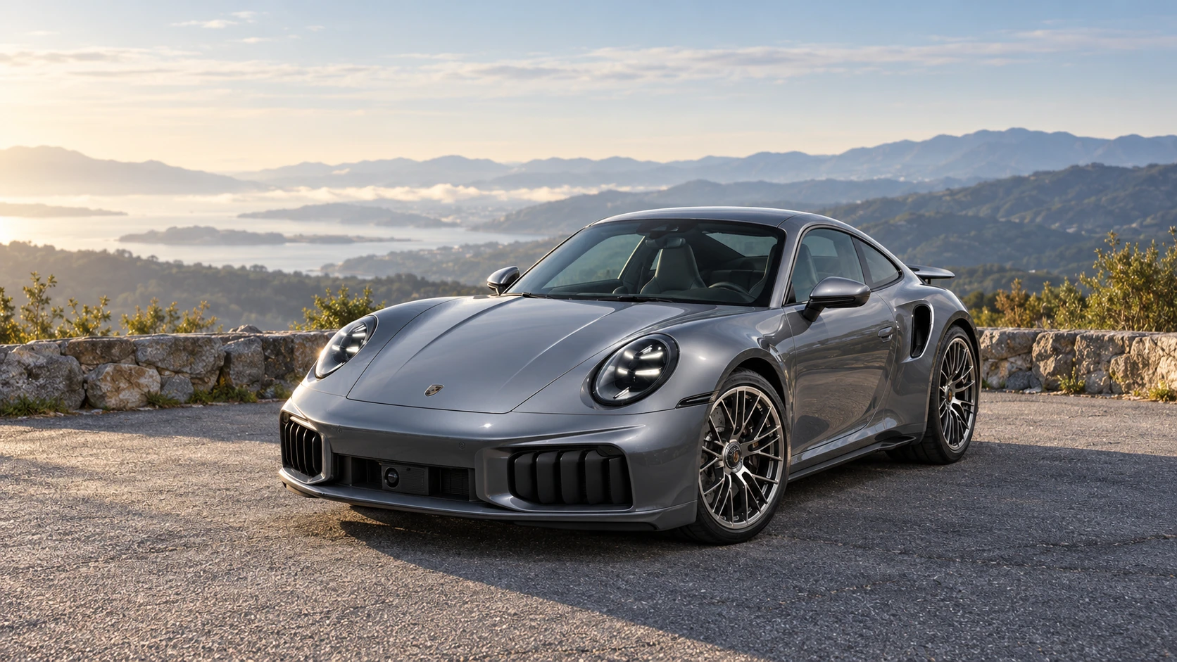 Reference-based illustration of a graphite Porsche 911 Turbo S parked at a mountain overlook