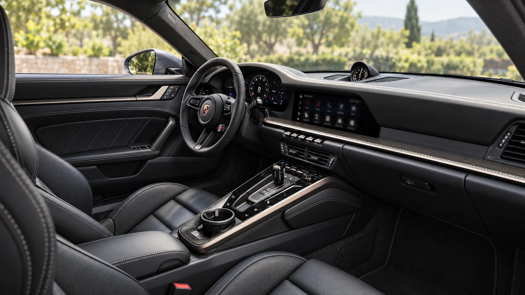Reference-based illustration of the Porsche 911 Turbo S black-leather cockpit, steering wheel and dashboard