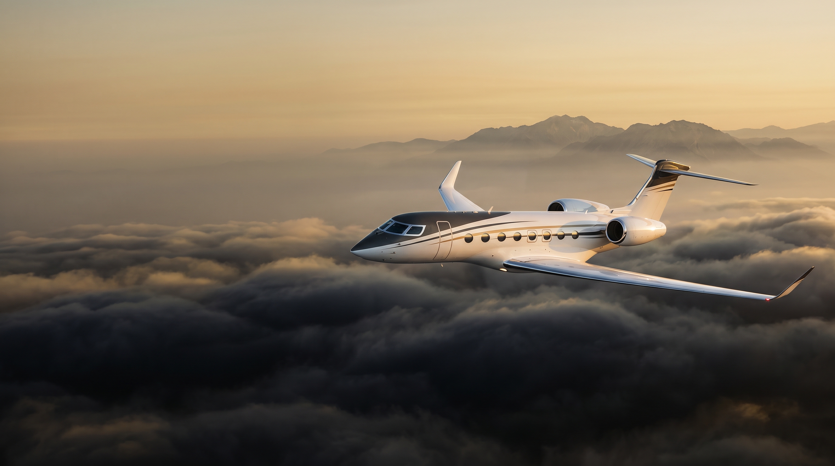 Gulfstream G700 ultra-long-range private jet flying above clouds at sunset
