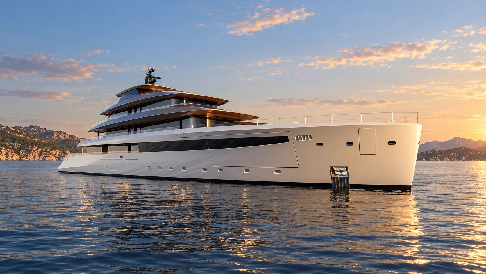 Reference-based AI illustration of Heesen Project Ananda’s proposed white hull and layered decks at anchor
