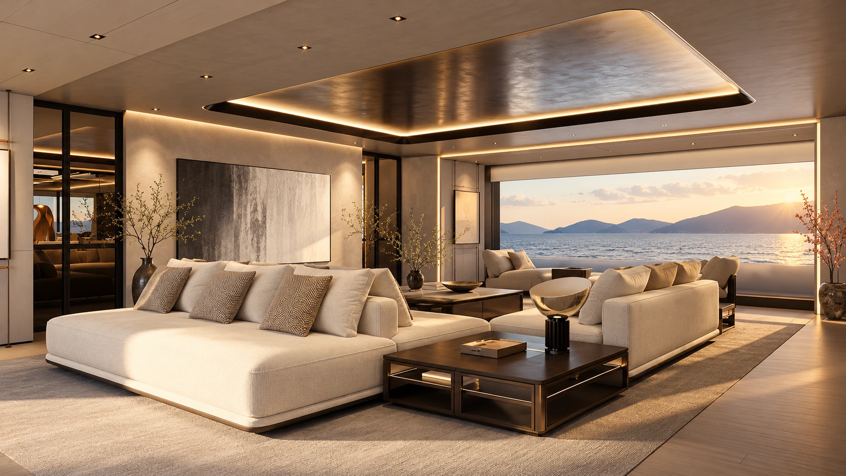 Reference-based AI illustration of Project Ananda’s proposed main lounge with neutral seating and broad glazing