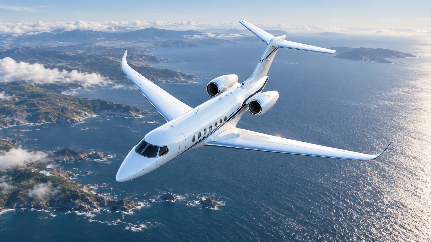 Reference-based AI illustration of a Citation Longitude in flight above a coastline