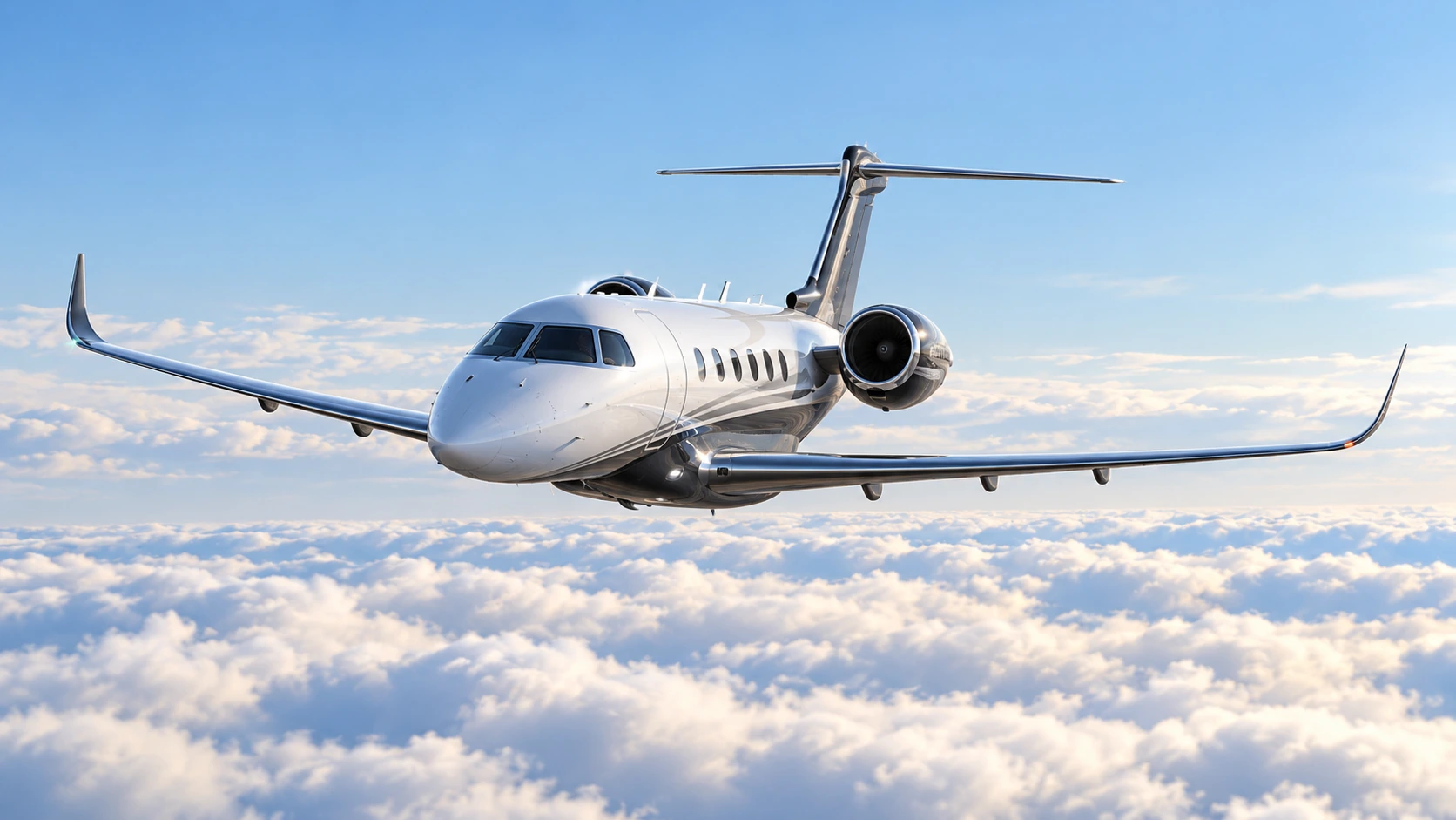 Reference-based AI illustration of an Embraer Praetor 600E flying above clouds