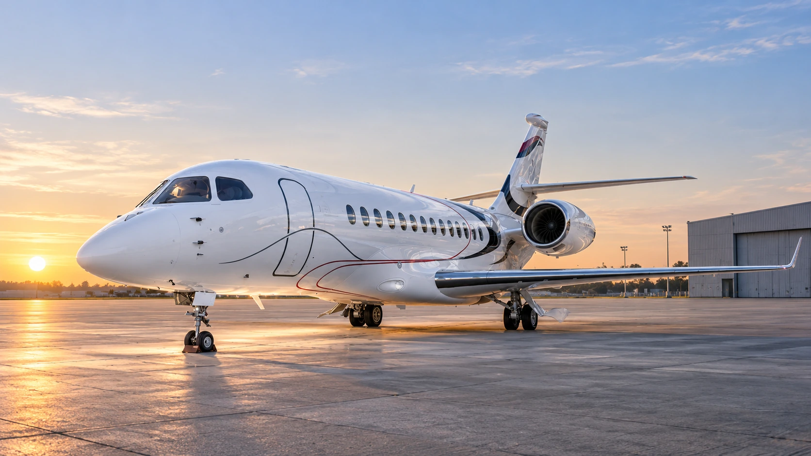 Reference-based AI illustration of a Dassault Falcon 6X parked on an airport apron at sunrise