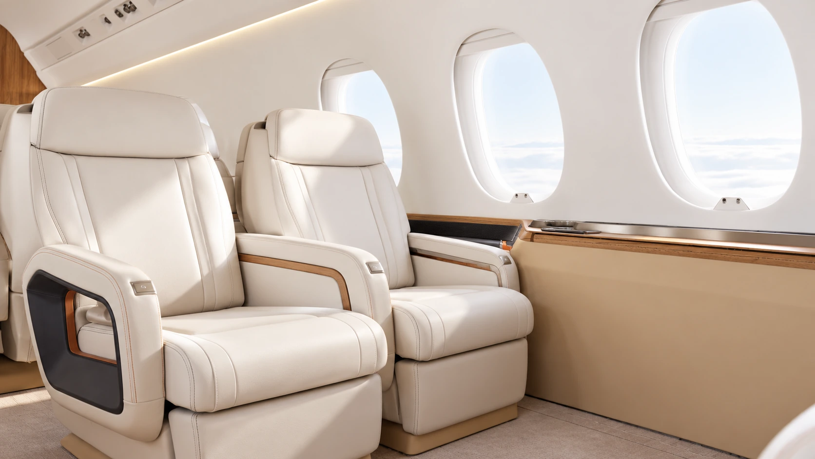 Reference-based AI illustration of Falcon 6X cream leather passenger seats and large oval windows