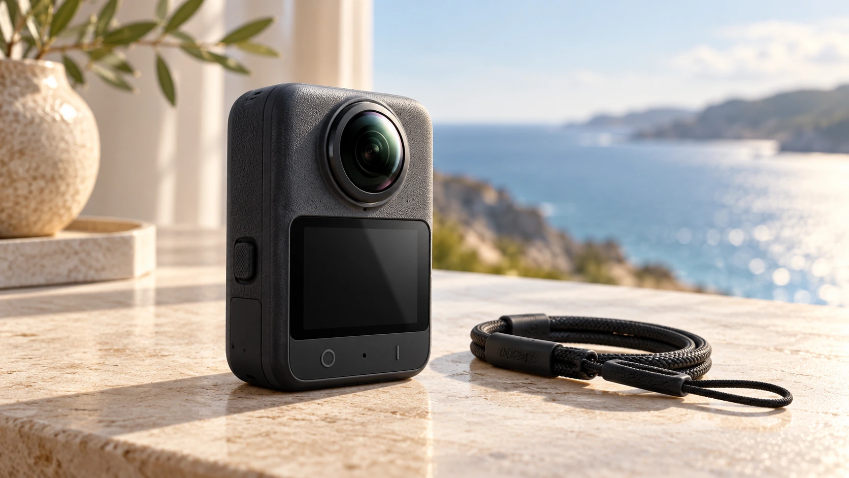 Reference-based AI illustration of a DJI Osmo 360 II camera standing on a stone desk beside a wrist strap
