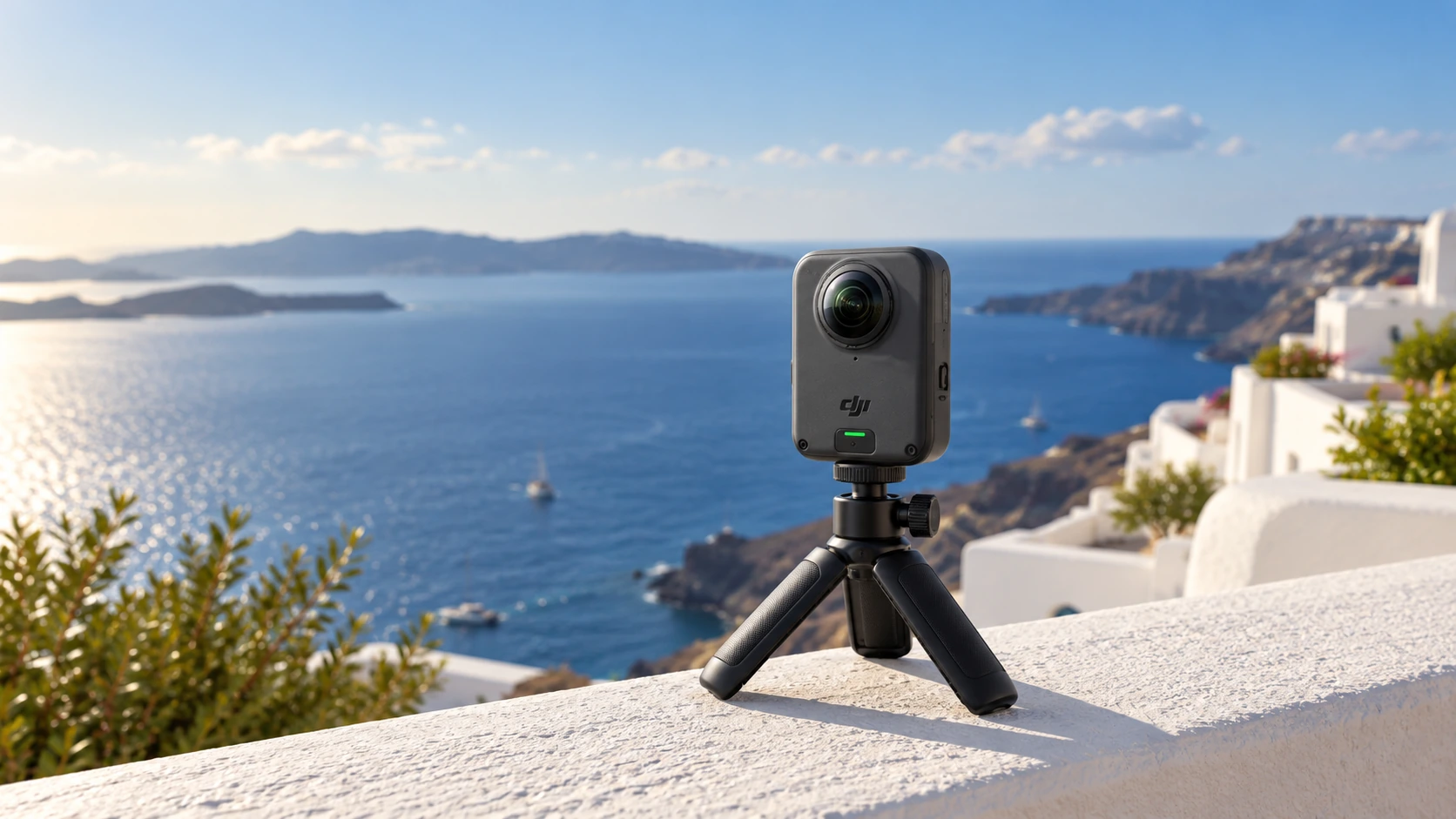 Reference-based AI illustration of a DJI Osmo 360 II on a short tripod beside a coastal terrace