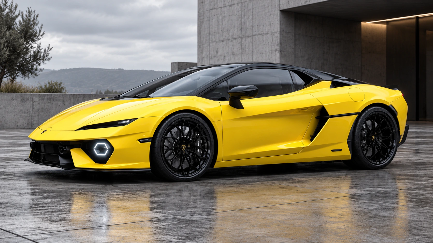 Reference-based AI illustration of a yellow Lamborghini Temerario Tettonero with a black roof outside a concrete studio