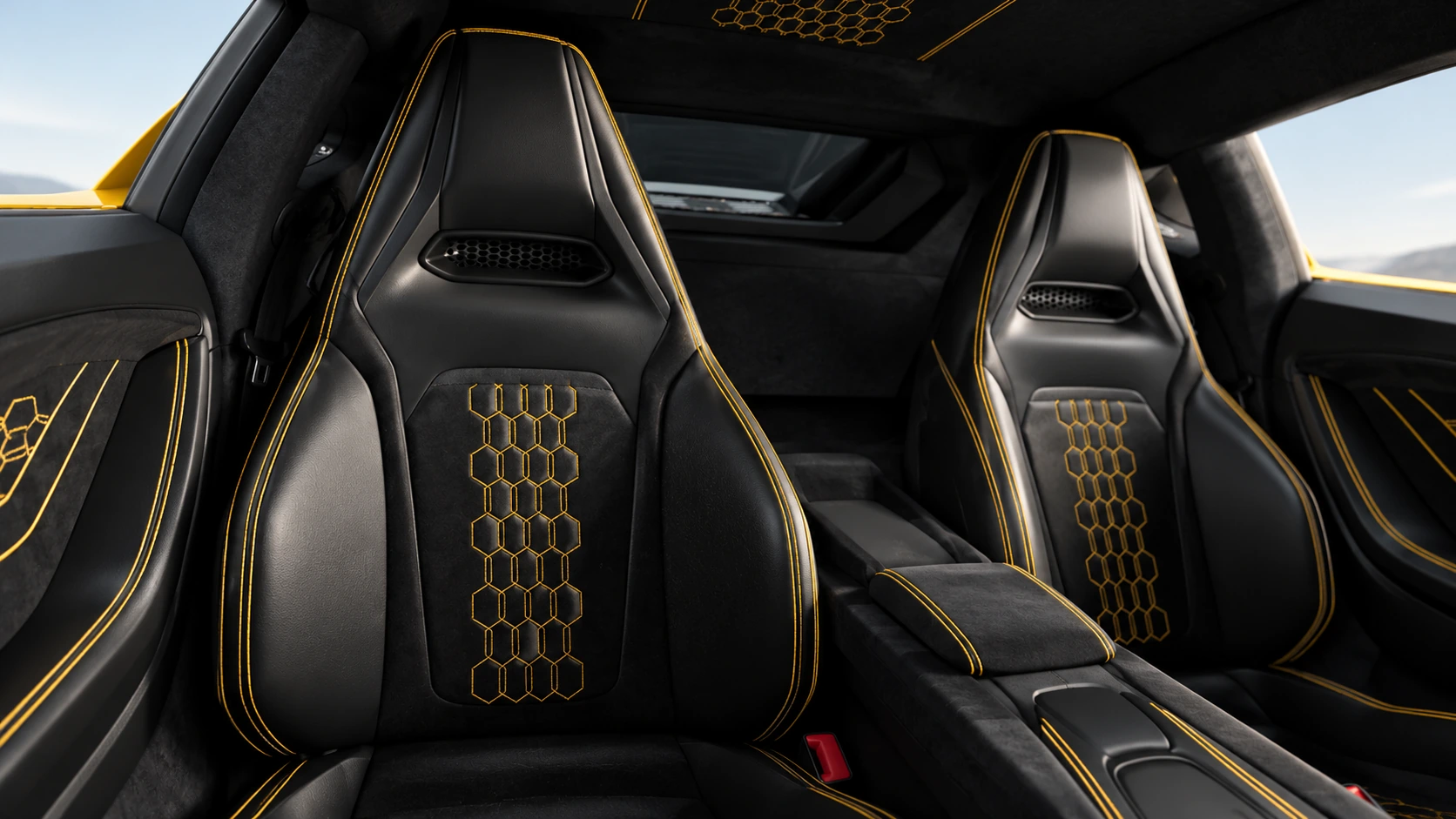Reference-based AI illustration of Temerario Tettonero black seats with yellow contrast stitching and hexagonal detailing