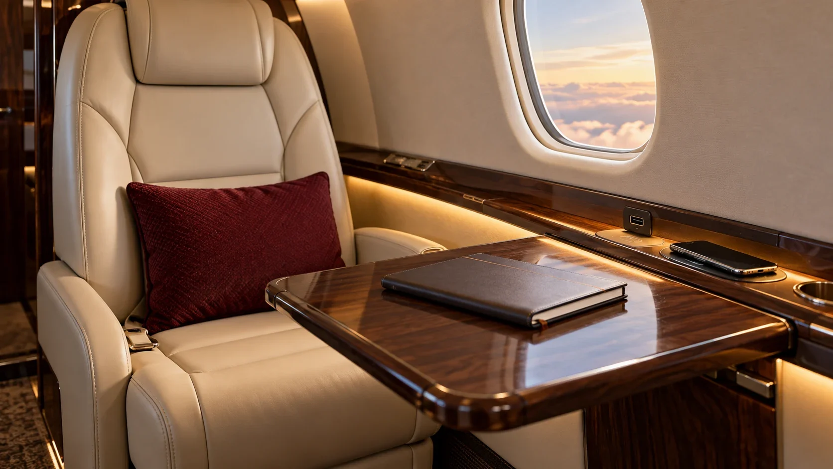 AI-generated light-jet cabin detail with a cream leather seat, executive table, USB-C connection and wireless charging area