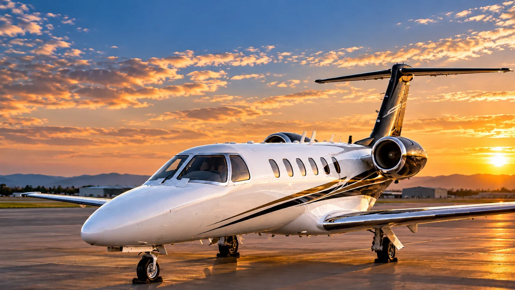 AI illustration of a white Citation CJ3-family light jet on an airport apron at sunset