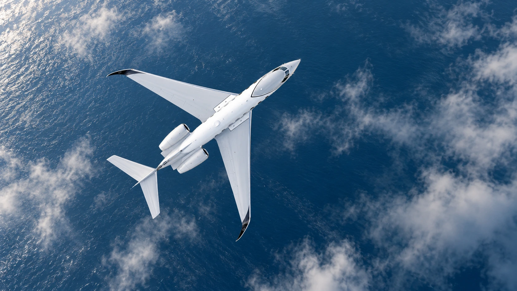 Reference-based AI illustration of a Gulfstream G800 viewed from above over blue ocean