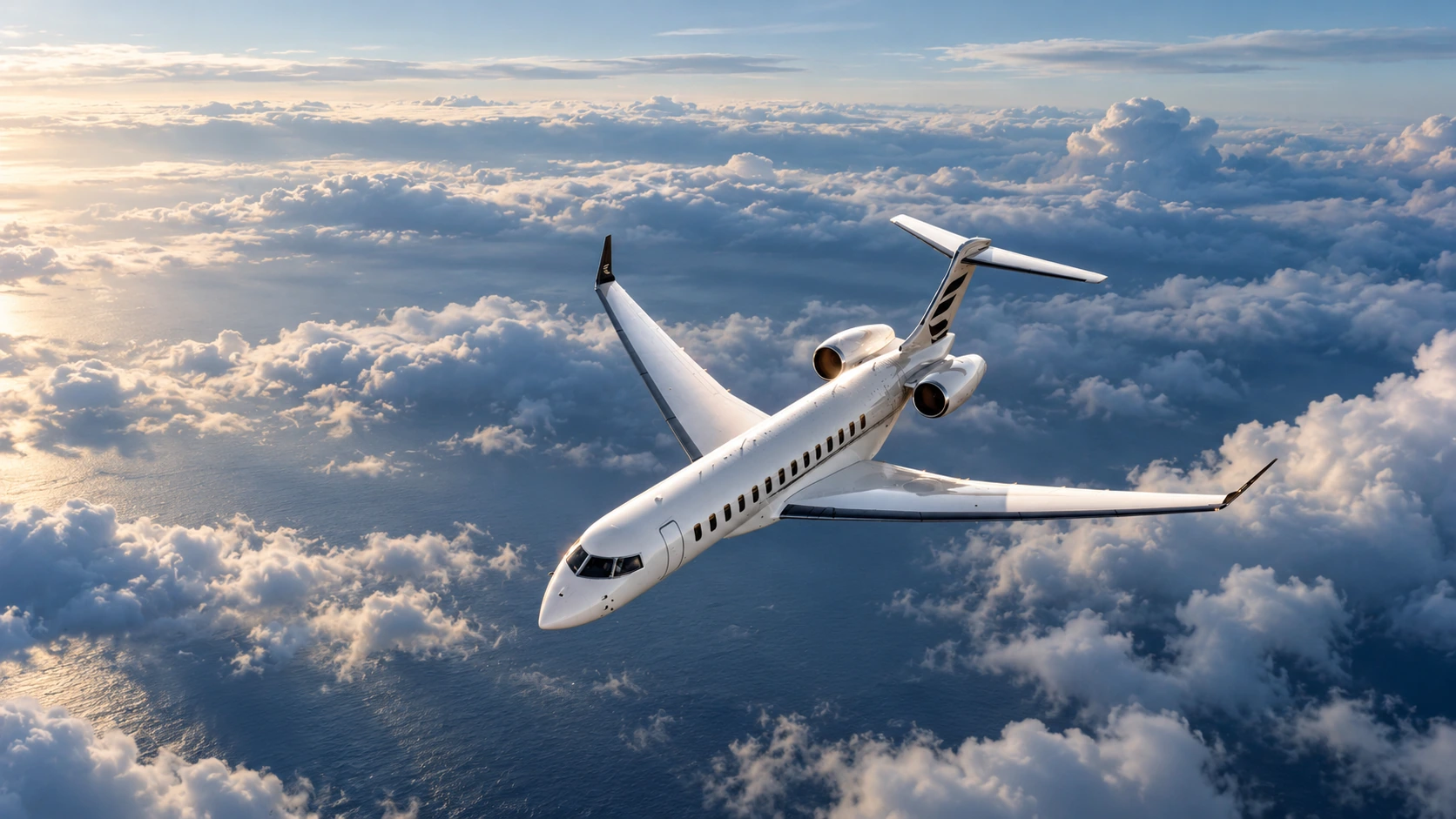 Reference-based AI illustration of a Bombardier Global 8000 in steady flight above an ocean cloudscape