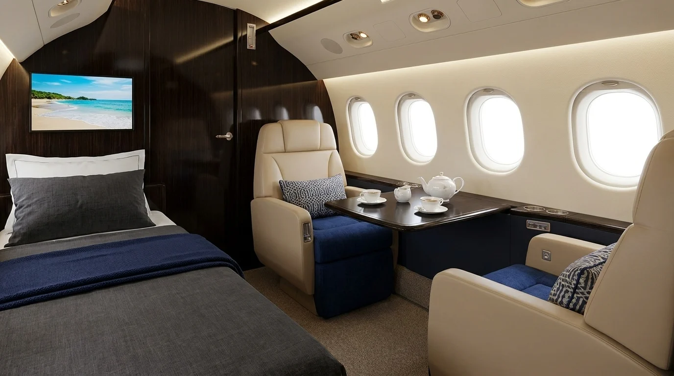 Illustrative private jet cabin supplied by ElitoLux, showing a bed, cream seats and oval windows