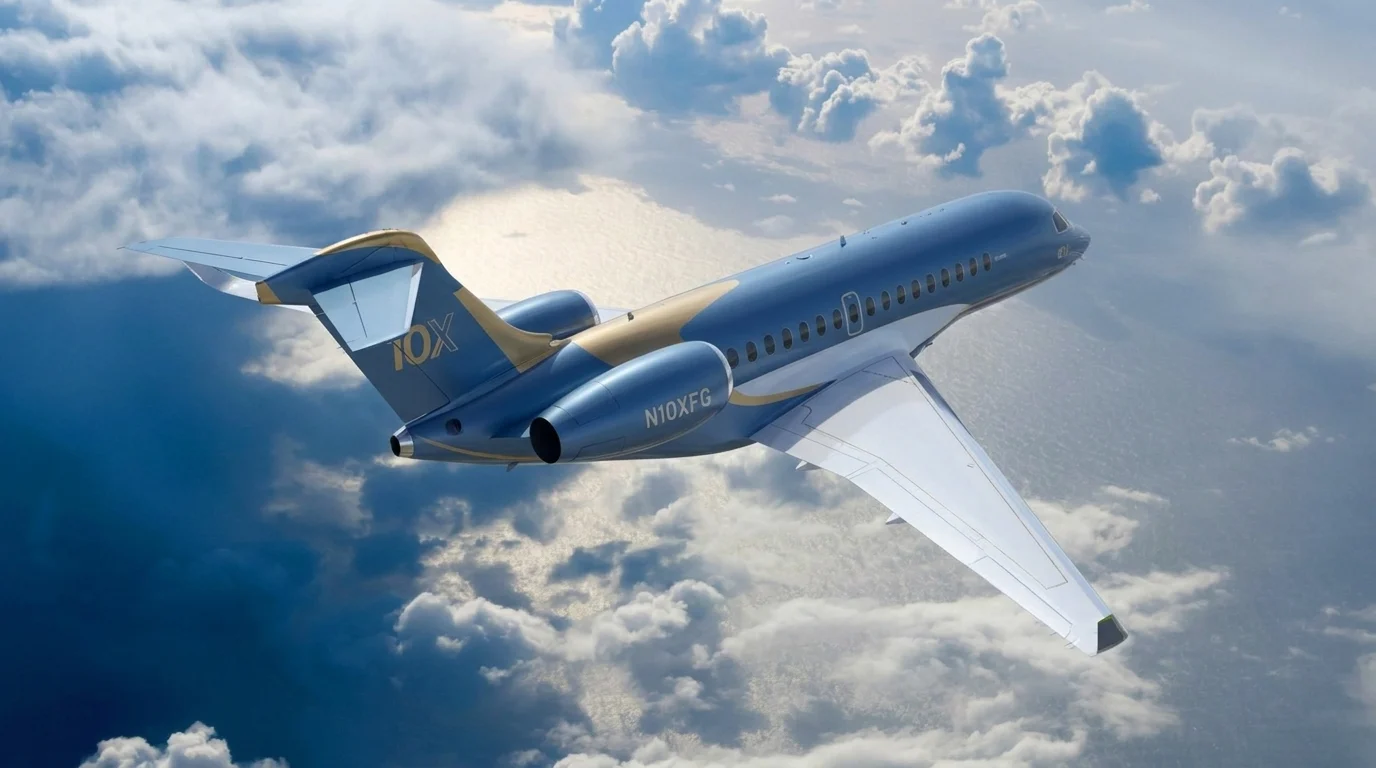 Falcon 10X exterior illustration supplied by ElitoLux, showing a blue-and-gold jet above clouds