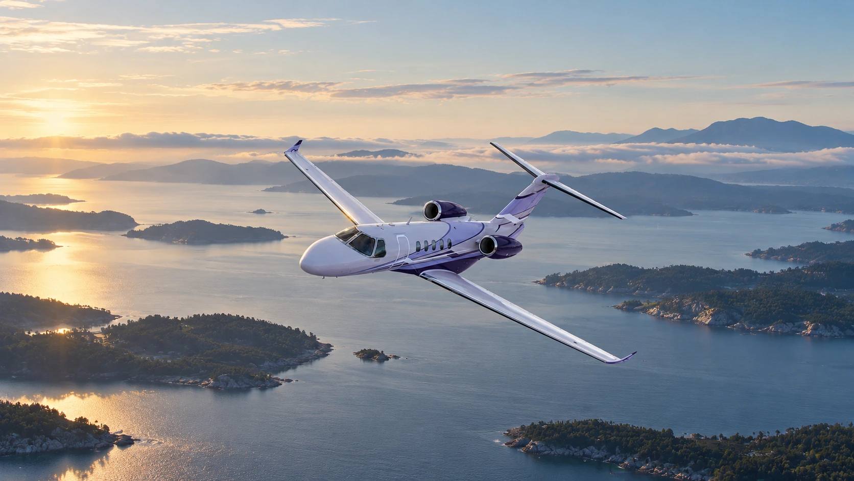 AI-generated illustration of a Citation CJ4 Gen3 in flight above a coastal landscape
