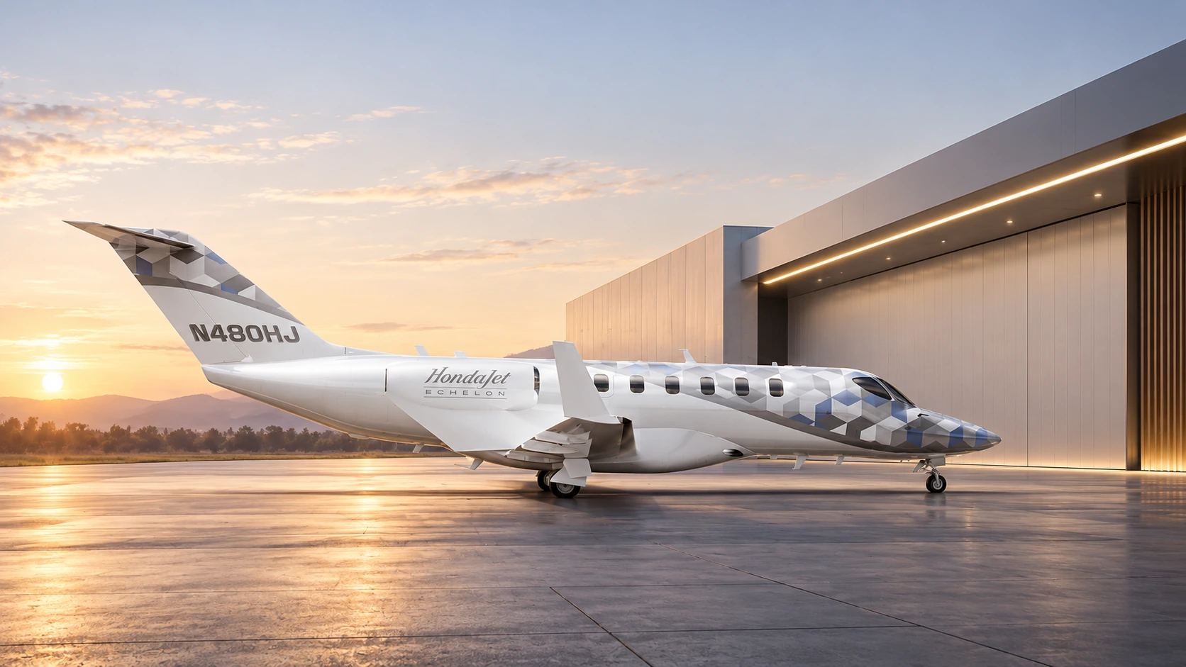 AI-generated illustration of the HondaJet Echelon concept parked by a hangar