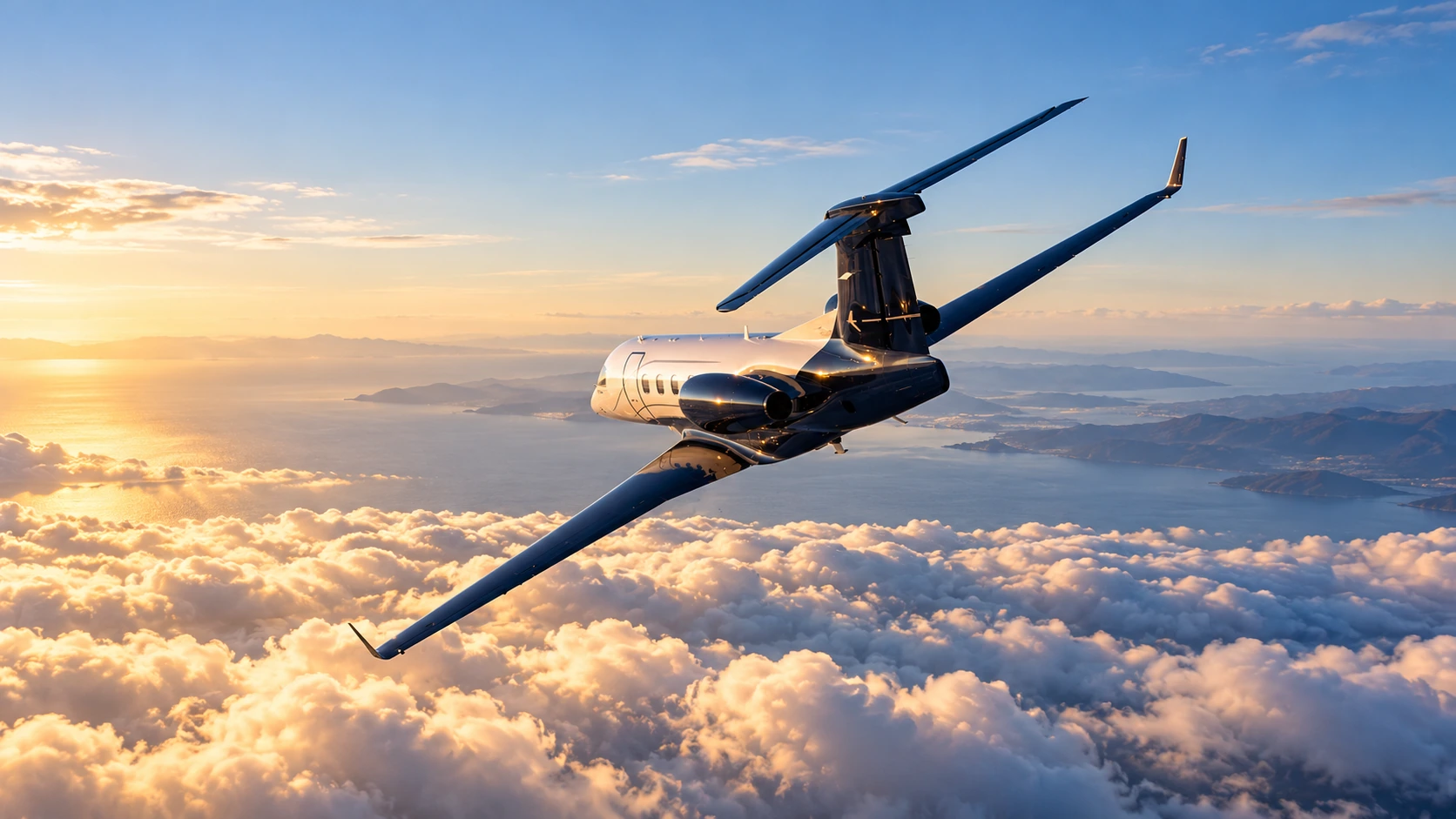 AI-generated illustration of an Embraer Phenom 300EV above the clouds