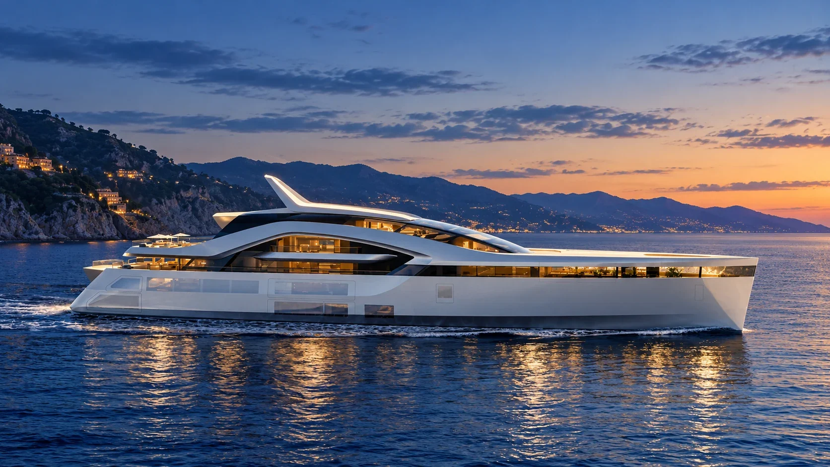 Reference-based editorial illustration of Feadship’s HIVE concept yacht in profile at blue hour