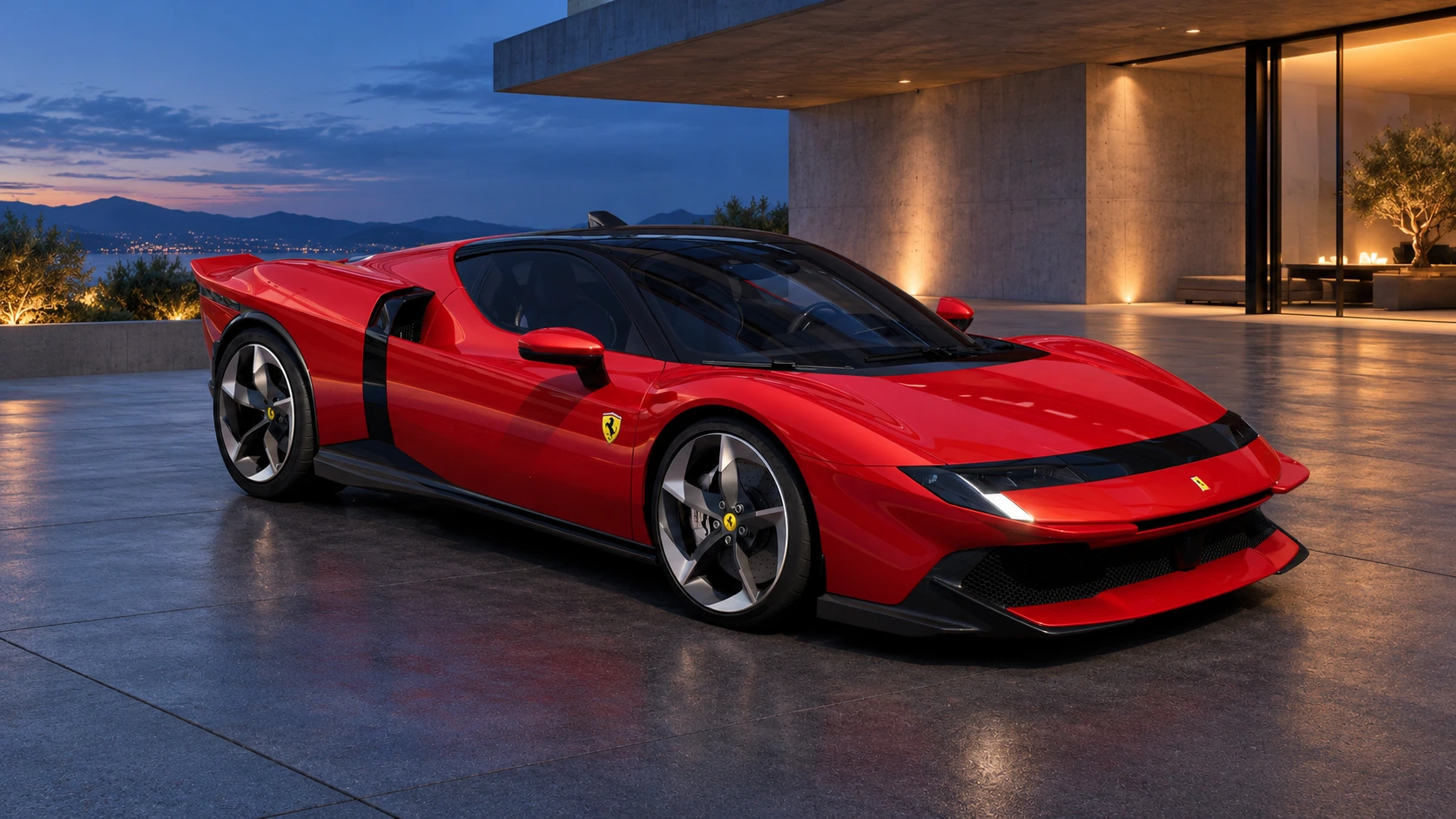 Reference-based AI illustration of a red Ferrari 849 Testarossa coupé parked outside a contemporary pavilion