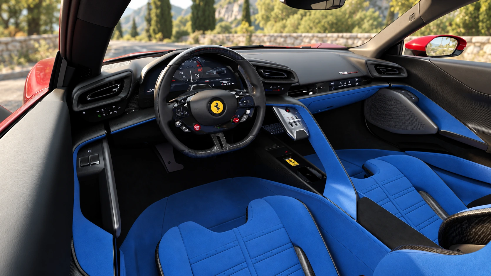 Reference-based AI illustration of the Ferrari 849 Testarossa cabin with blue upholstery and a left-hand-drive cockpit