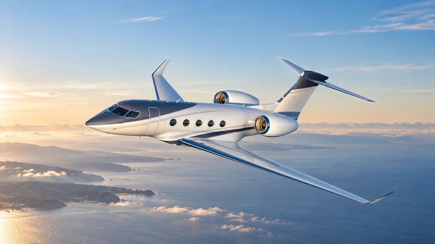 AI illustration of the new Gulfstream G400 flying above a coastal landscape