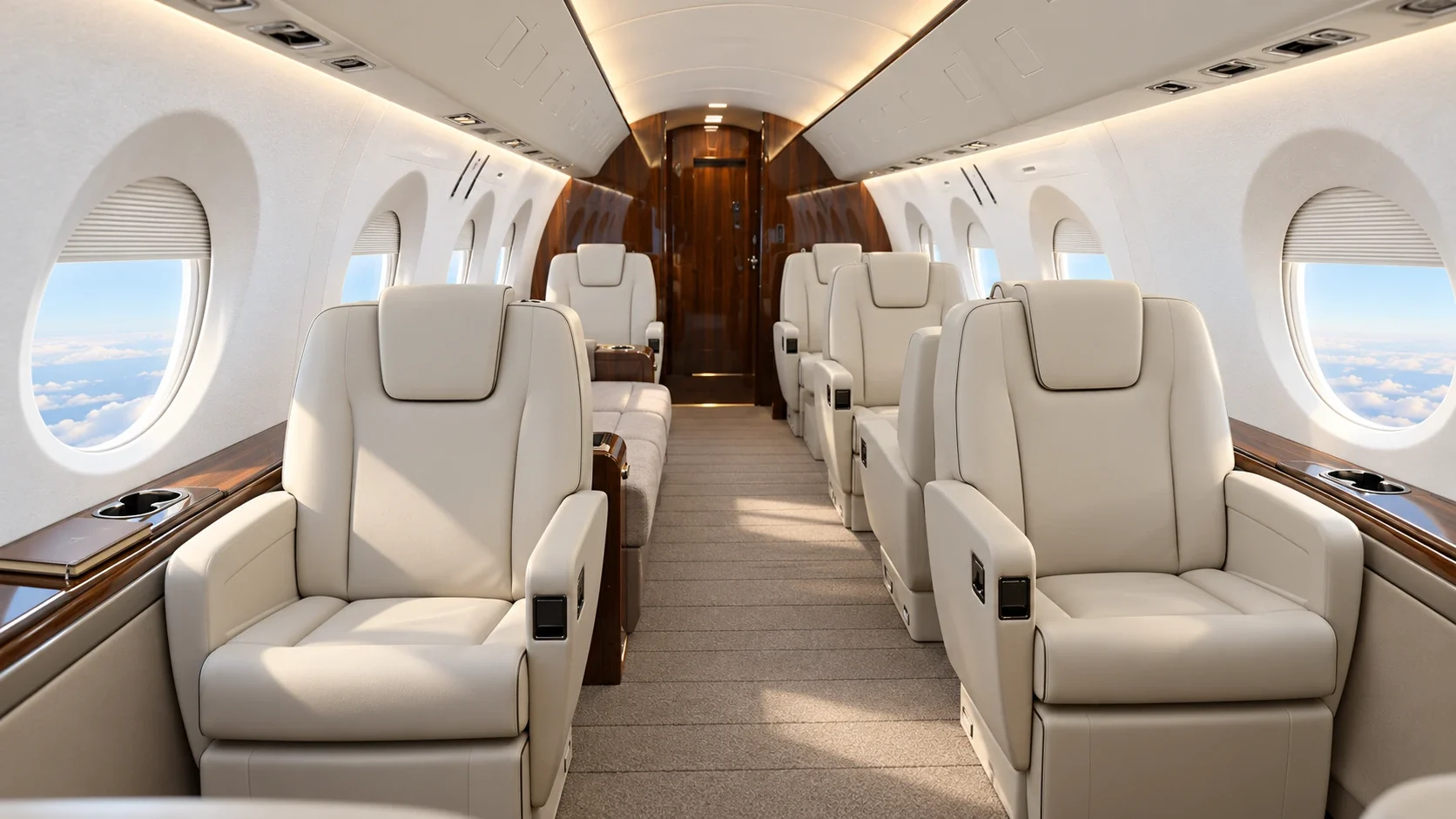 AI illustration of a Gulfstream G400 cabin with ivory club seats and large oval windows