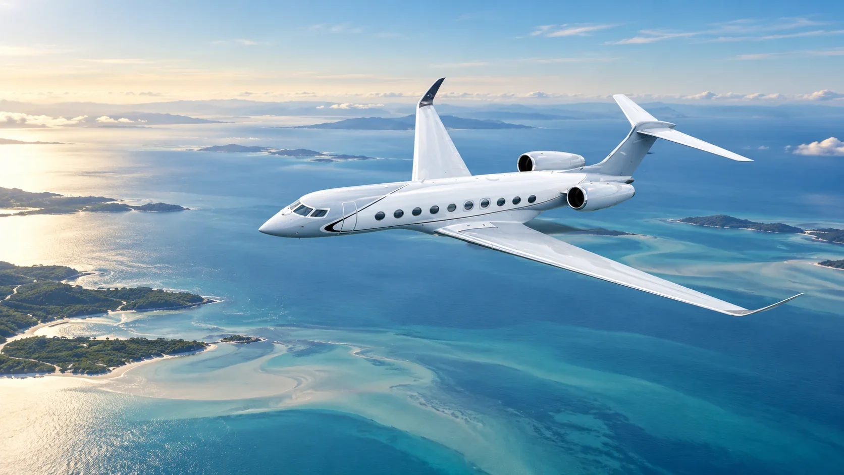 Reference-based editorial illustration of the longer Gulfstream G700 in flight above coastal water