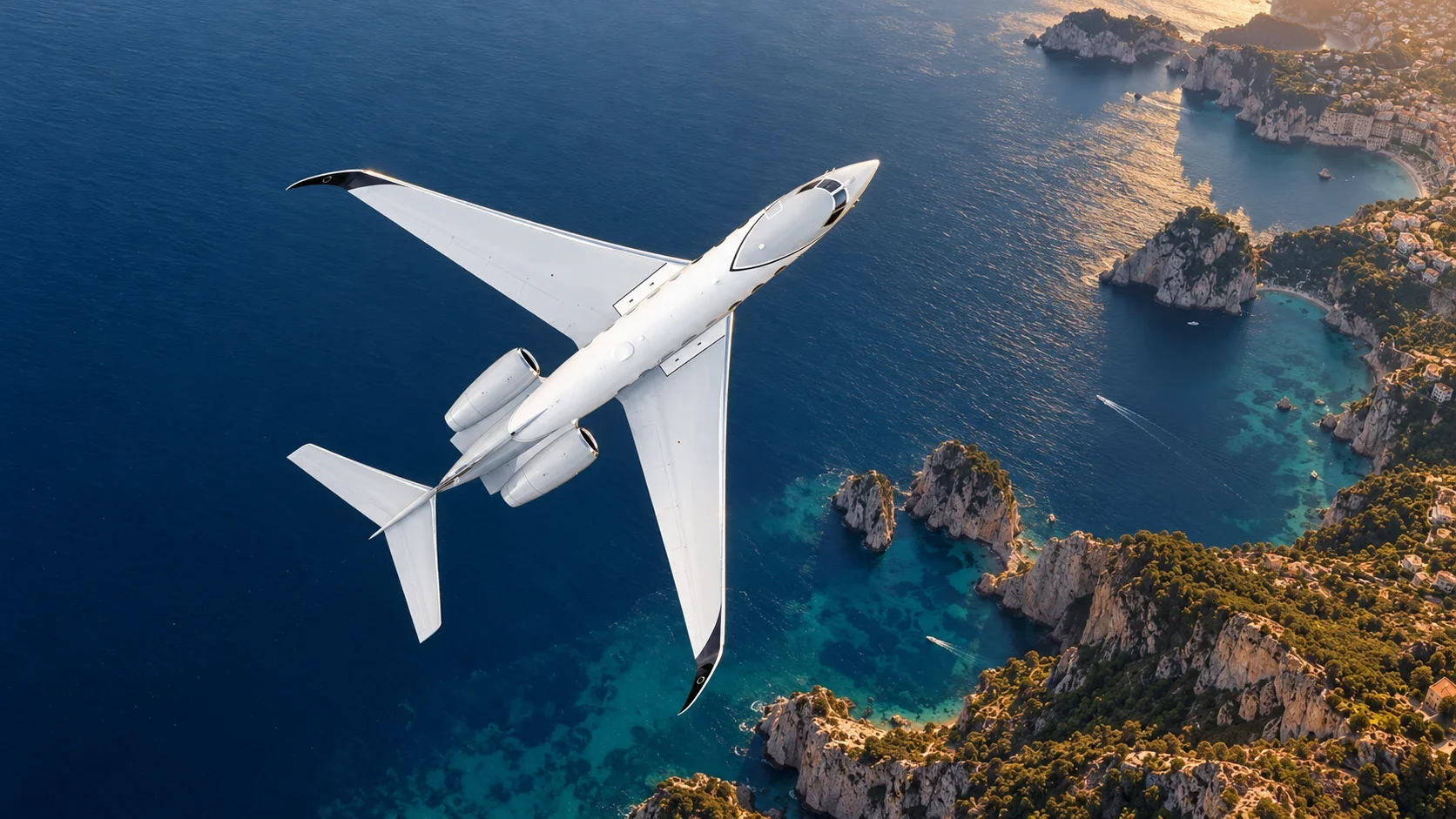 Reference-based editorial illustration of a Gulfstream G800 viewed from above in level cruise