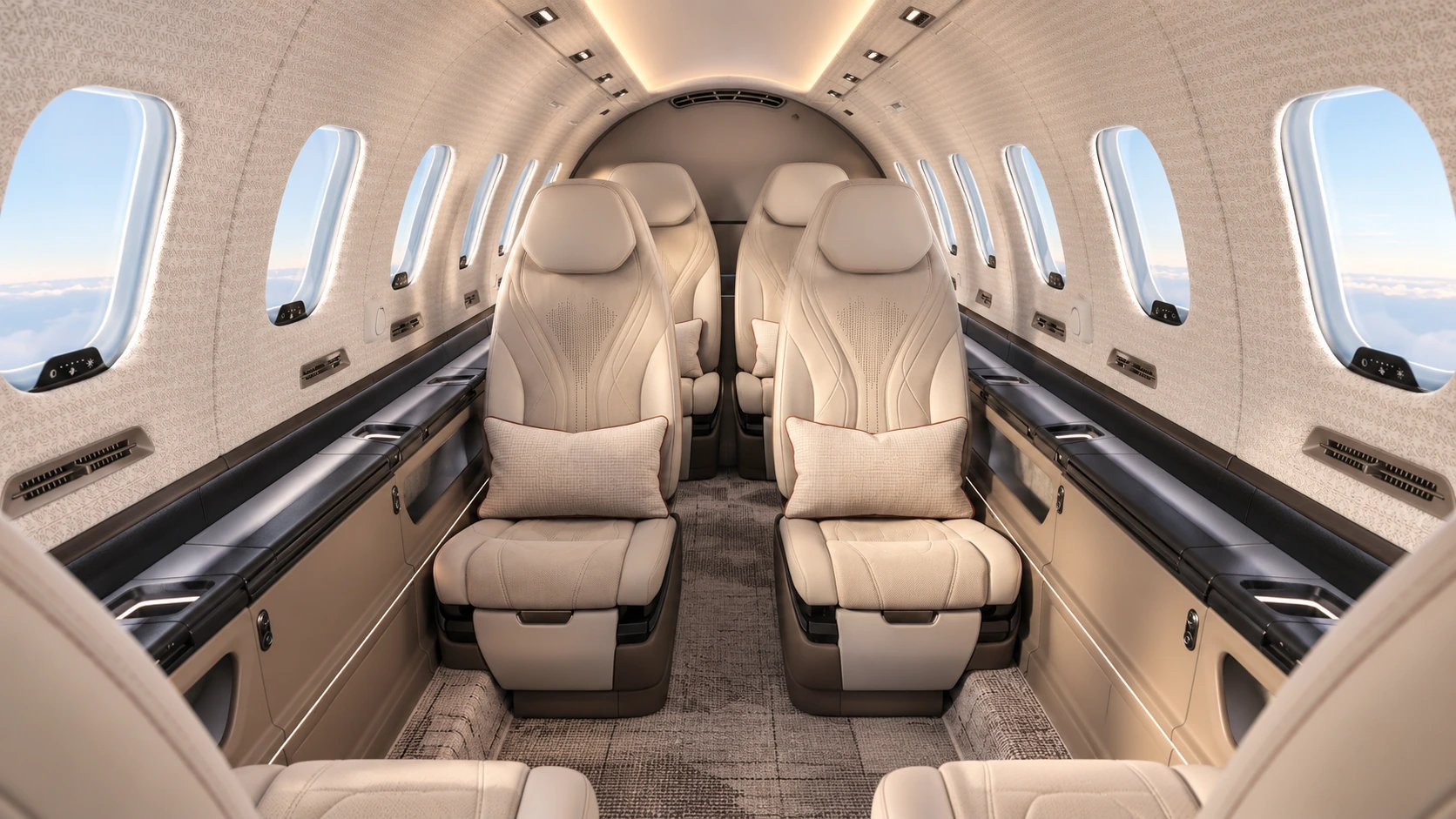 AI-generated illustration of the planned SyberJet SJ36 cabin with beige seats and a narrow central aisle