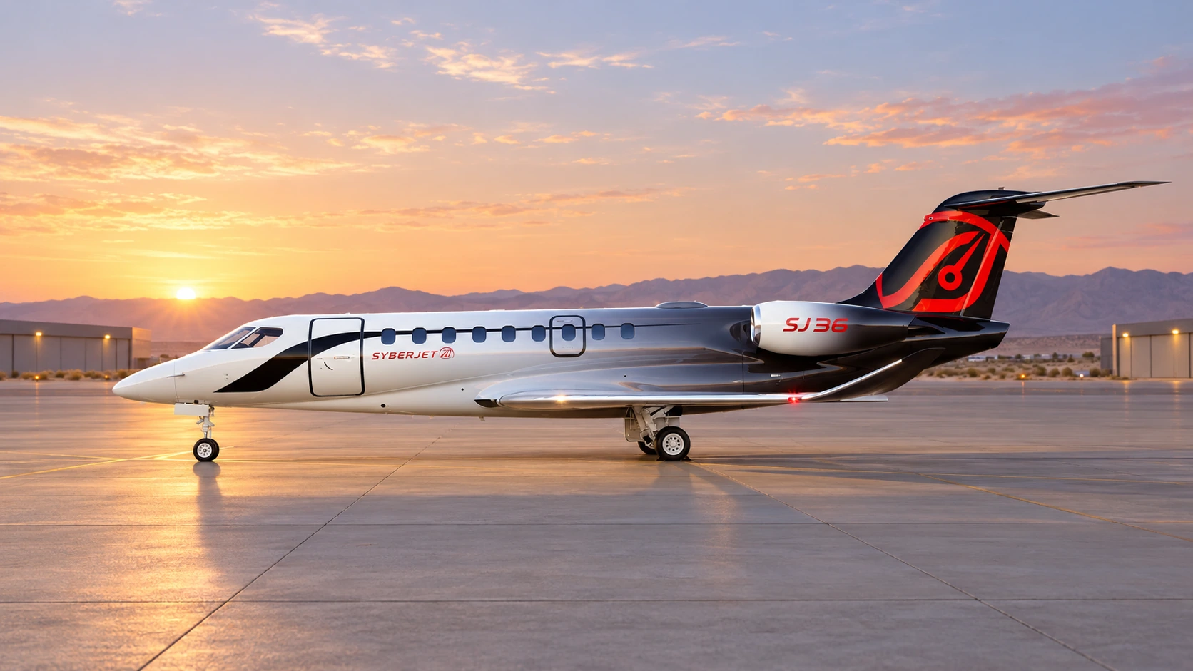 AI-generated editorial illustration of the SyberJet SJ36 parked on an airport apron at sunrise